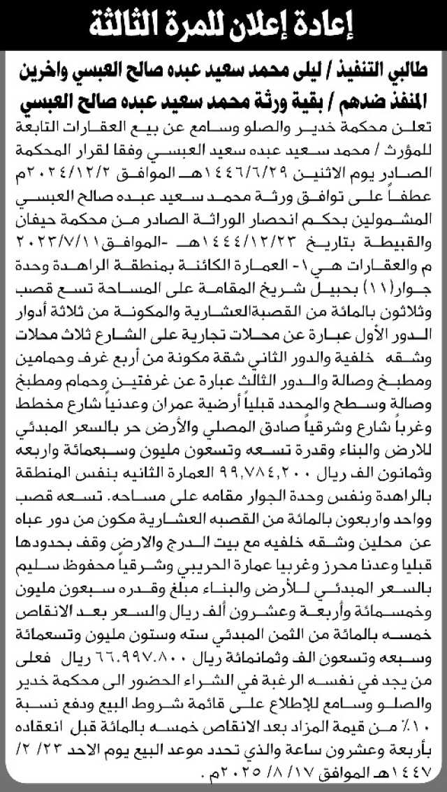 تعلن محكمة خدير والصلو وسامع عن بيع العقارات التابعة للمنفذ ضدهم بقية ورثة محمد سعيد العبسي