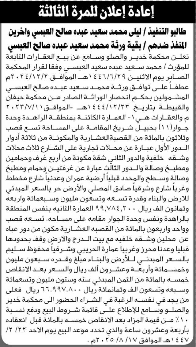 تعلن محكمة الصلو وسامع عن بيع عقار المنفذ ضدهم/ بقية ورثة محمد سعيد العبسي