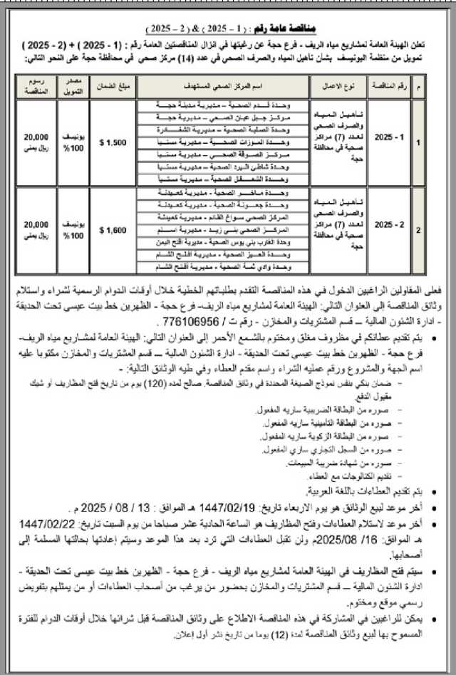 تعلن الهيئة العامة لمشاريع مياه الريف-فرع حجة عن رغبتها في إنزال مناقصتين