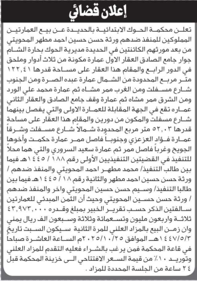 تعلن محكمة الحوك الابتدائية عن بيع عقار المنفذ ضدهم/ ورثة حسن المحويتي