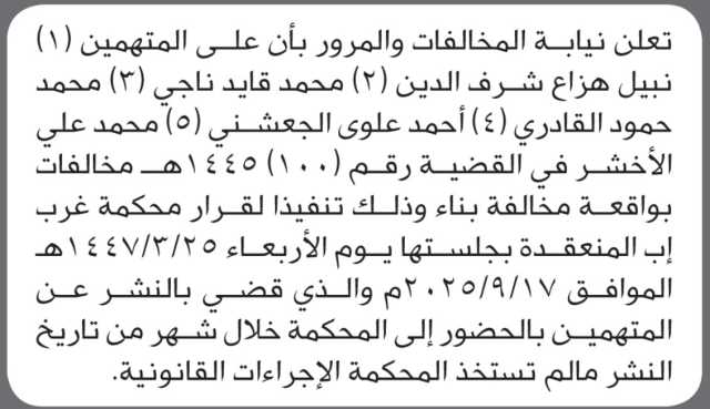 تعلن نيابة المخلفات والمرور بأن على/ نبيل شرف الدين وآخرين الحضور إلى المحكمة