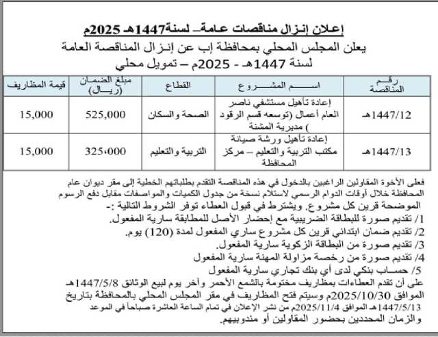 يعلن المجلس المحلي بمحافظة إب عن إنزال مناقصة عامة