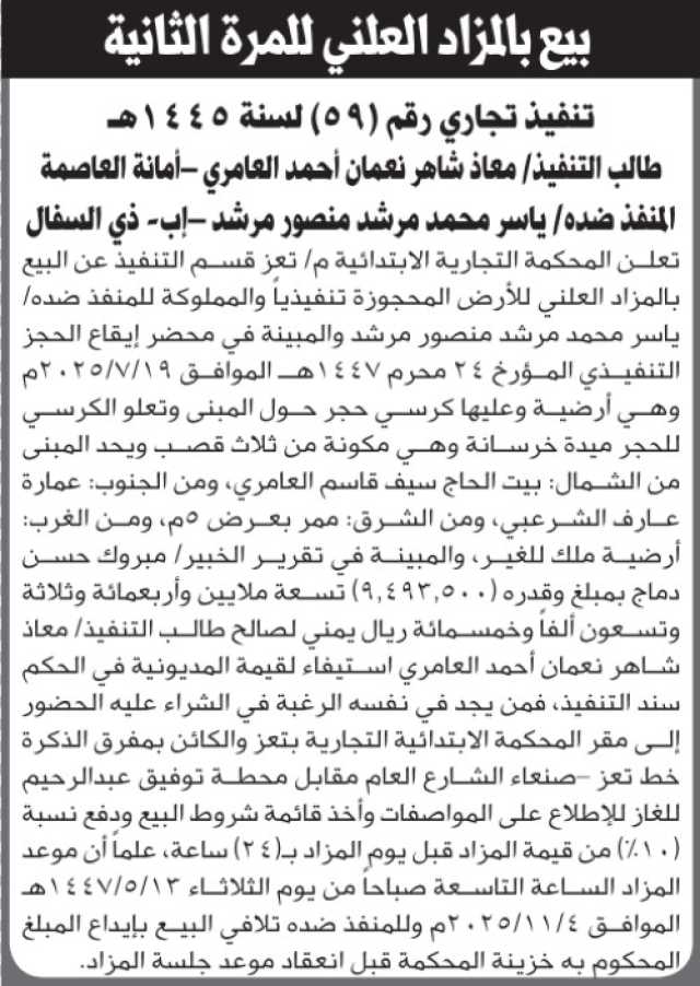 تعلن المحكمة التجارية م/ تعز عن بيع بالمزاد العلني للأرضية التابعة لياسر مرشد