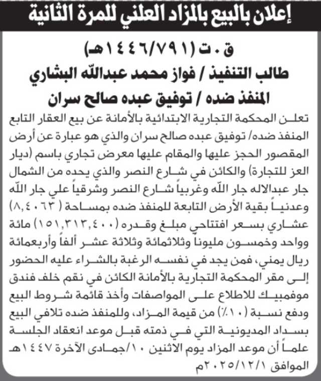 تعلن المحكمة التجارية الابتدائية عن بيع العقار التابع للمنفذ ضده/ توفيق عبده سران