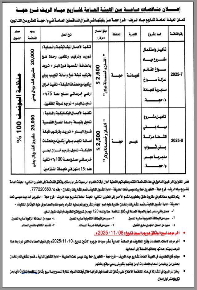 تعلن الهيئة العامة لمشاريع مياه الريف/حجه عن إنزال مناقصتين