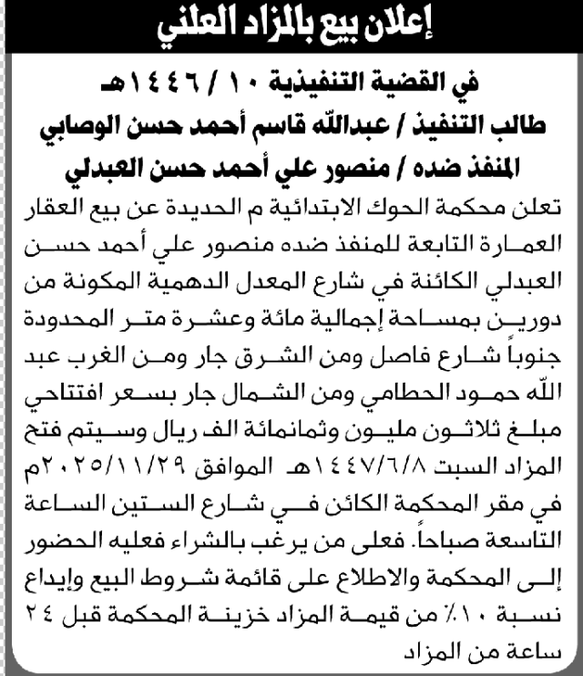 تعلن محكمة الحوك م/ الحديده عن بيع العقار التابع لمنصور العبدلي