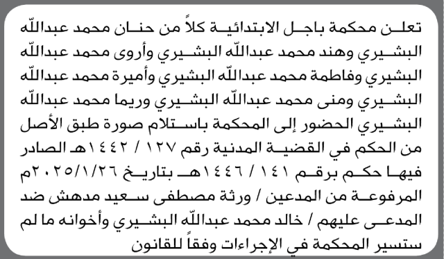تعلن محكمة باجل الابتدائية بأن على/ حنان محمد البشيري وآخرين الحضور إلى المحكمة