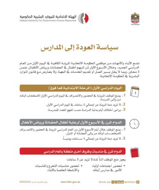 “الاتحادية للموارد البشرية” تعمم سياسة “العودة إلى المدارس” على الجهات الاتحادية