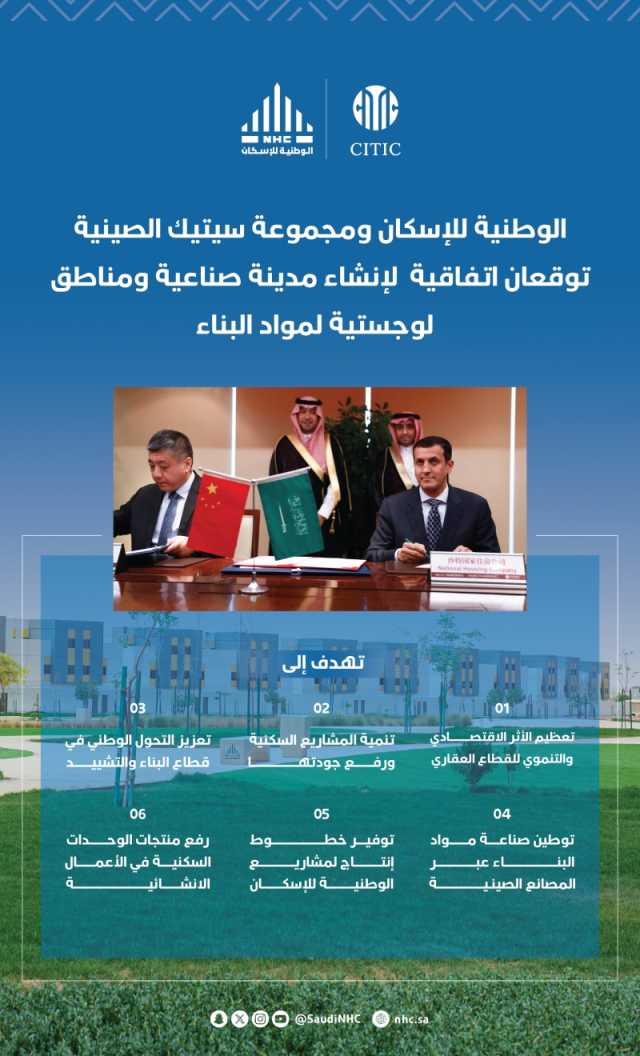 'الوطنية للإسكان' توقع اتفاقية مع مجموعة سيتيك الصينية لإنشاء مدينة صناعية ومناطق لوجستية لمواد البناء في المملكة