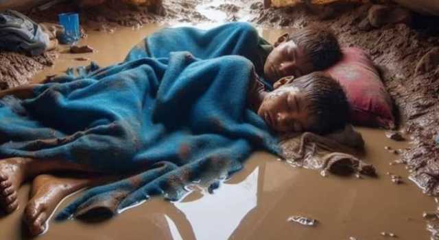 صورة طفلين فلسطينيين محاطين بالوحل في خيمة بغزة.. ما حقيقتها؟