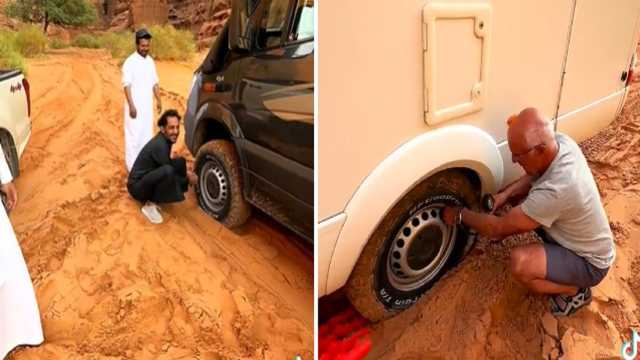 فزعة شباب لسائح بلجيكي علقت سيارته في تبوك.. فيديو
