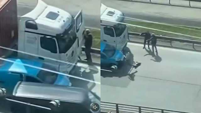 مشاجرة عنيفة بين سائق شاحنة وسائق مركبة بسبب أحقية الطريق .. فيديو