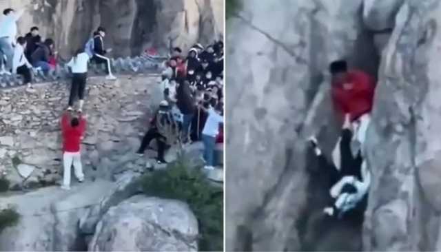 لحظات تحبس الأنفاس لزوجين ينزلقان من قمة جبل في الصين .. فيديو