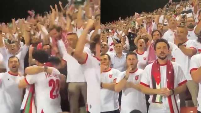 ولي العهد الأردني يحتفل بهدف الأردن ضد عمان ويحتضن الجماهير .. فيديو