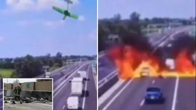 سقوط طائرة صغيرة بإيطاليا يتسبب بحريق ضخم على طريق سريع .. فيديو