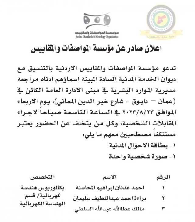 اعلان مقابلة شخصية يوم الاربعاء الموافق 23-8-2023 في تمام الساعة التاسعة صباحا صادر عن مؤسسة المواصفات والمقاييس