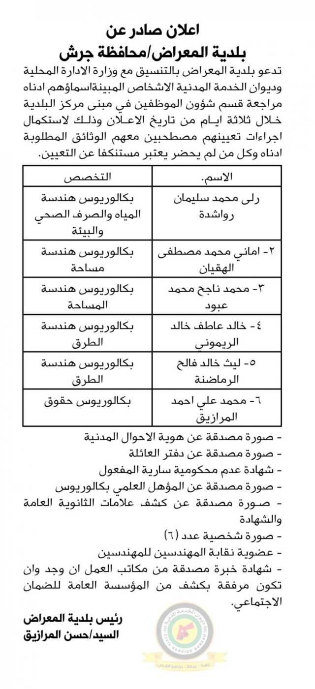 اعلان استكمال اجراءات التعيين صادرعن بلدية المعراض / محافظة جرش