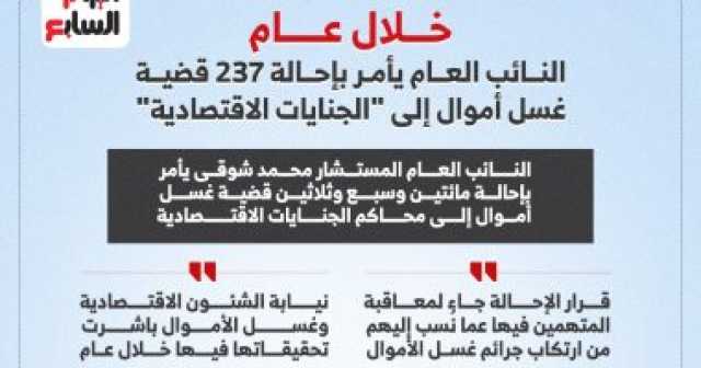 النائب العام يحيل 237 قضية غسل أموال للمحاكم الاقتصادية خلال عام.. إنفوجراف