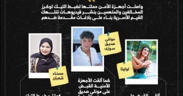 تفاصيل ضبط لوليتا وحسناء وصديق سوزى لنشرهم محتوى غير أخلاقى.. إنفوجراف