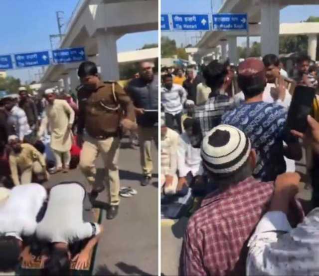 شاهد.. عناصر من الشرطة الهندية يركلون المصلين أثناء صلاة الجمعة وسط شارع عام في نيودلهي