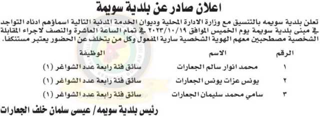 إعلان صادر عن بلدية سويمة لإجراء المقابلات الشخصية بتاريخ 19/10/2023