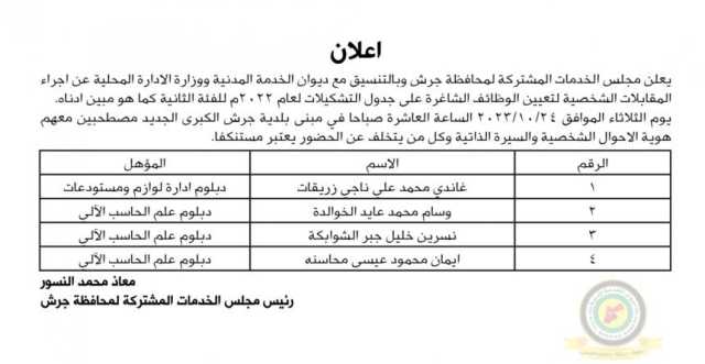 اعلان مقابلة شخصية يوم الثلاثاء الموافق 24-10-2023 في تمام الساعة العاشرة صباحا صادرعن مجلس الخدمات المشتركة لمحافظة جرش