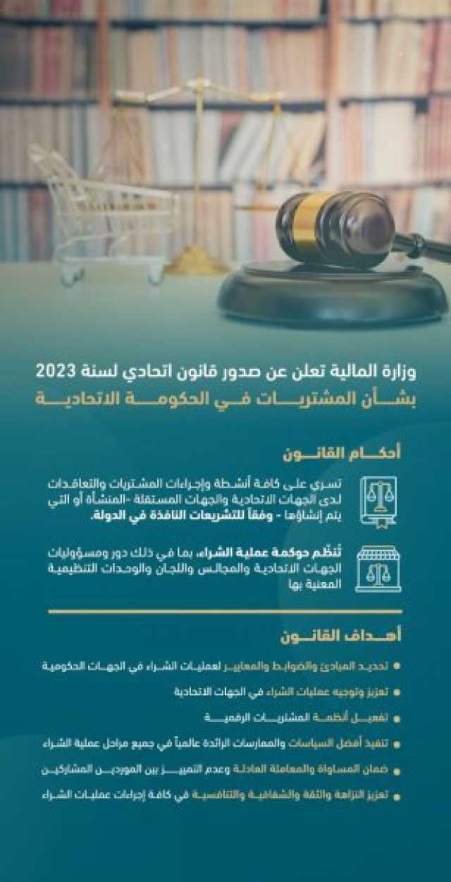 وزارة المالية تعلن صدور قانون اتحادي بشأن المشتريات في الحكومة الاتحادية